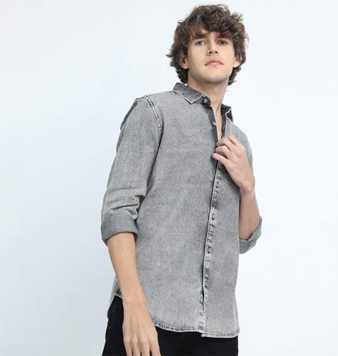 Men Grey Slim Fit Faded Cotton Casual Shirt